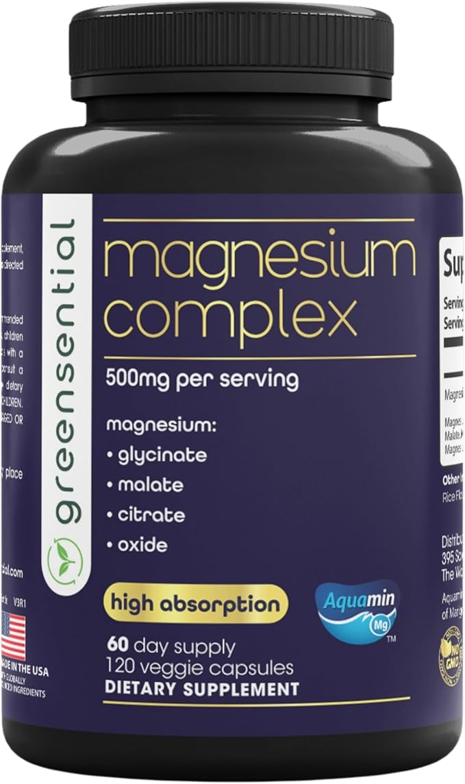 Greensential 5-in-1 Magnesium Complex 500mg | Glycinate, Malate, Citrate, Oxide & Aquamin® | Advanced Sleep, Muscle & Heart Support | Made in USA, Vegan, 120 Capsules