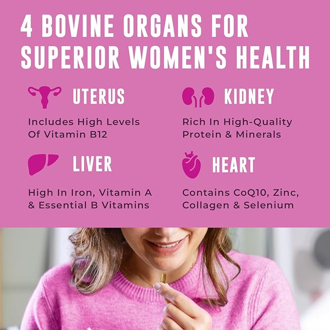 Beef Organ Supplement for Women - Beef Liver, Kidney, Heart and Uterus Tissue, Supports Women's Overall Energy and Health - Pasture Raised in New Zealand - No Fillers or Flow Agents - 60 Capsules