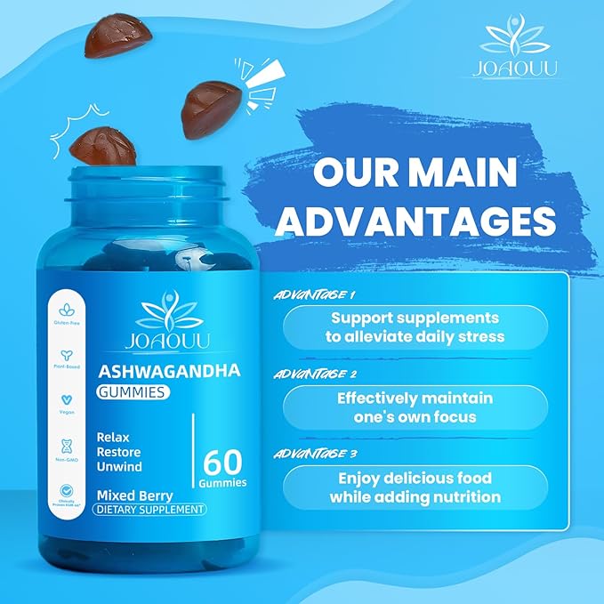 (60 Count) Ashwagandha Gummies KSM-66 - Mixed Berry, Vegan, Plant Based, Non-GMO, Gluten-Free & Gelatin Free Relax, Organic Ashwa Root Extract Supplement for Immune Support