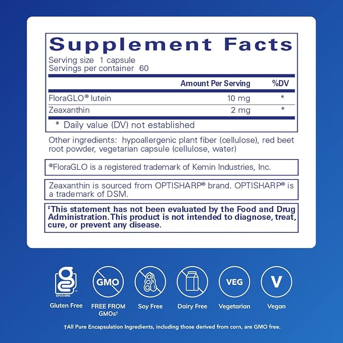 Pure Encapsulations Lutein & Zeaxanthin - Supports Overall Vision* - Maintains Macular Pigment & Eye Health* - Antioxidant Support* - Vegan-Friendly & Non-GMO - 60 Capsules