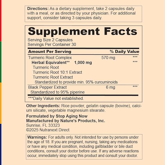 Stop Aging Now - Turmeric Curcumin Supplement - with Black Pepper - 60 Capsules