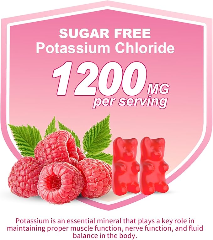 Pack of 2 Potassium Gummies, Potassium Chloride Gummies 1200mg for Adults, Sugar-Free Potassium Supplement Support Leg Cramps & Electrolyte Balance, Raspberry Flavor, 120 Count
