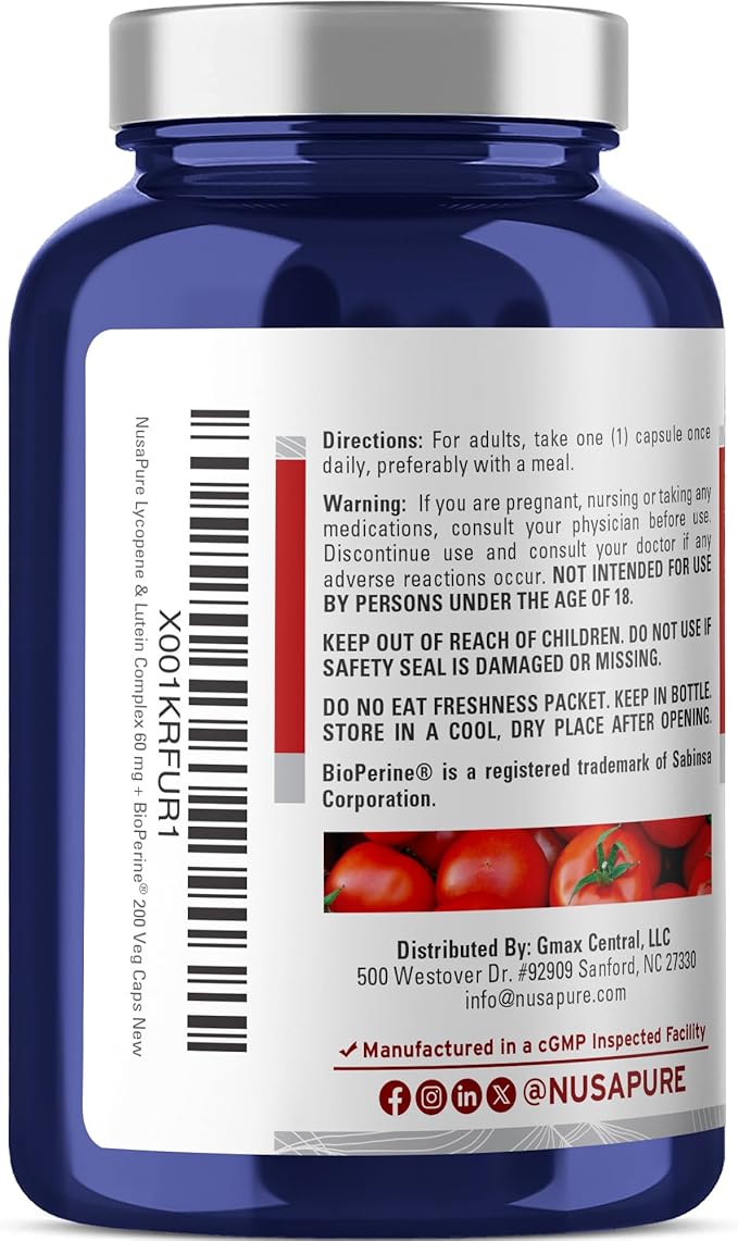 NusaPure Lycopene & Lutein Complex 60mg per Caps, 200 Veggie Capsules (Non-GMO, Vegan)
