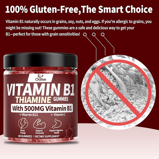 Thiamine Vitamin B1 Gummies - 500g Vegan Sugar Free Thiamine Supplement, with Natural Mixed Berries Flavor for Adults & Kids (60 Counts) Focus Supplement