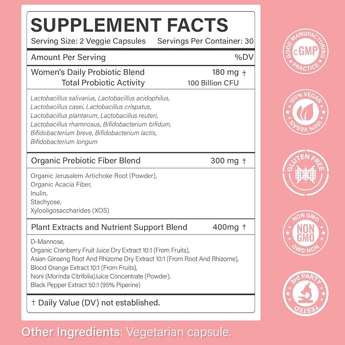 Probiotics for Women – Women’s Probiotic for Digestive, Vaginal, Urinary Health & pH Balance – 100 Billion CFU, 11 Strains with Organic Prebiotics, Cranberry Extract, D-Mannose – Non-GMO, 180 Caps