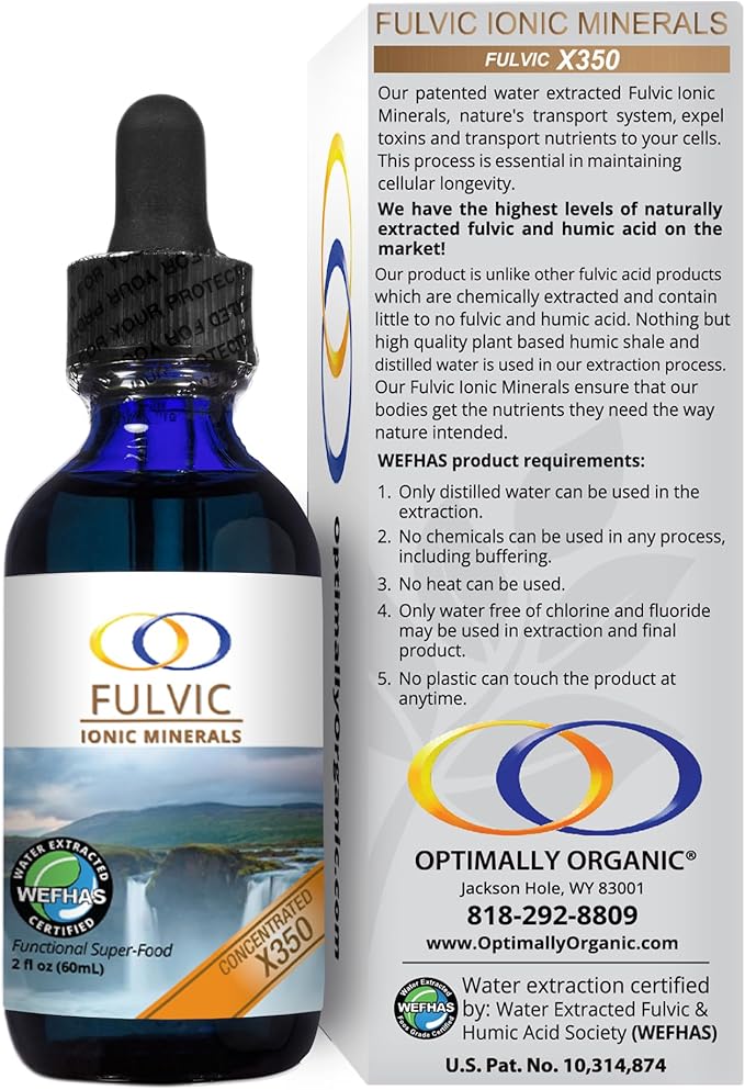 Optimally Organic Water Extracted Fulvic Ionic Minerals X350 - Patented BioActive Fulvic Acid, Humic Acid, Trace Minerals, Electrolytes & Essential Amino Acids - 8+ Month Supply!