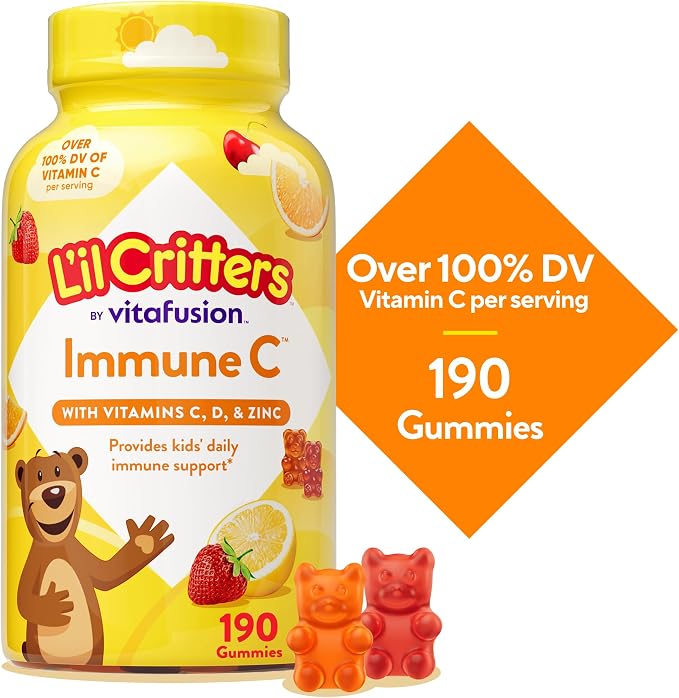 L’il Critters Immune C Daily Gummy Supplement Vitamin for Kids, for Vitamin C, D and Zinc for Immune Support, Orange, Lemon, Strawberry and Cherry Flavors, 190 Gummies (Packaging May Vary)