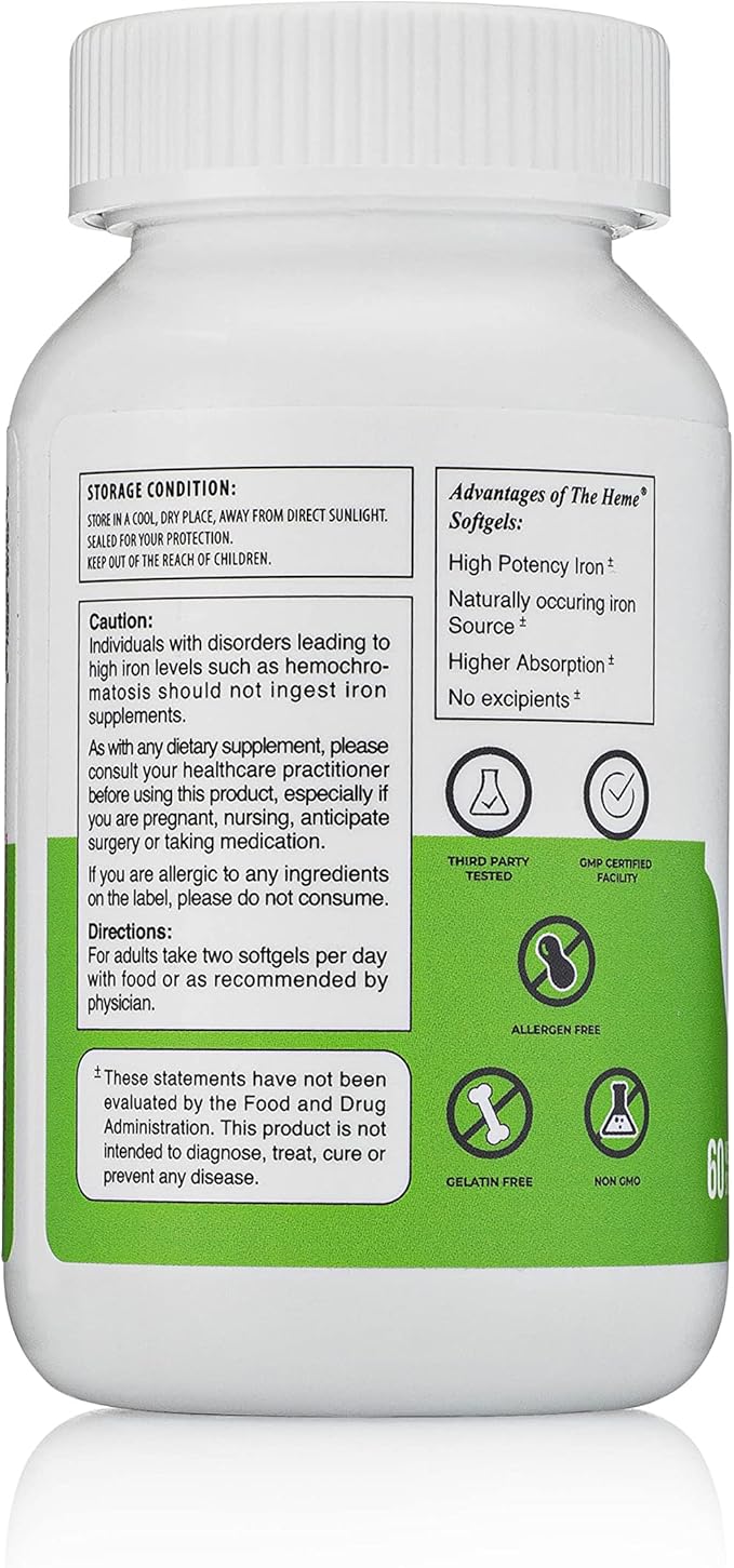 Pharmvista Heme Iron Polypeptide Softgels - with Vitamin C & Folic Acid - Gluten Free, Non-GMO - 60 Count