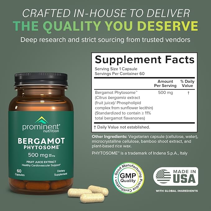 Prominent Nutrition Bergamot Phytosome, Clinically Researched Vazguard Citrus Bergamot Extract for Cholesterol and Heart Health Support, Enhanced-Absorption Supplement, 500 mg, 60 Capsules - 2 Pack