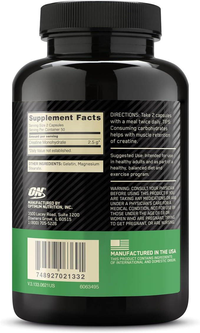 Optimum Nutrition Micronized Creatine Monohydrate Capsules, Keto Friendly, 2500mg, 100 Capsules