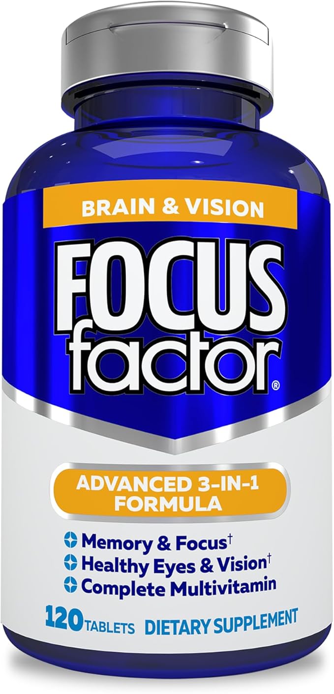 Focus Factor Adults Brain and Vision Supplement, 120 Count - Eye Vitamin, Mineral Supplement & Complete Multivitamin w/Lutein & Zeaxanthin – Brain Supplement for Focus, Concentration, Memory