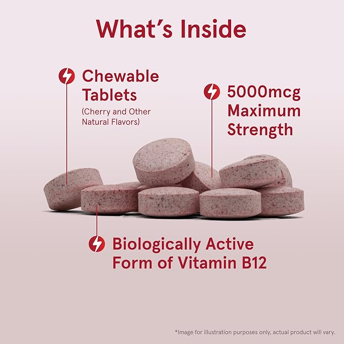 Jarrow Formulas Maximum Strength Methyl B-12 5000 mcg Dietary Supplement - 90 Cherry Chewable Tablets - Bioactive Vitamin B-12 - Supports Cellular Energy Production, Sleep & Brain Health (Pack of 12)