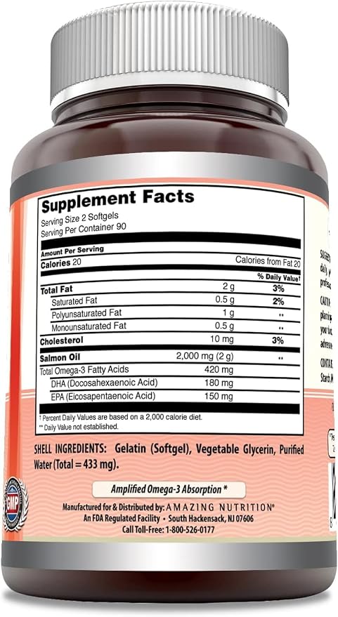 Amazing Omega Wild Alaskan Salmon Oil 2000 Mg Supplement | Softgels | Non-GMO | Gluten-Free | Made in USA (3 Pack | 180 Count)