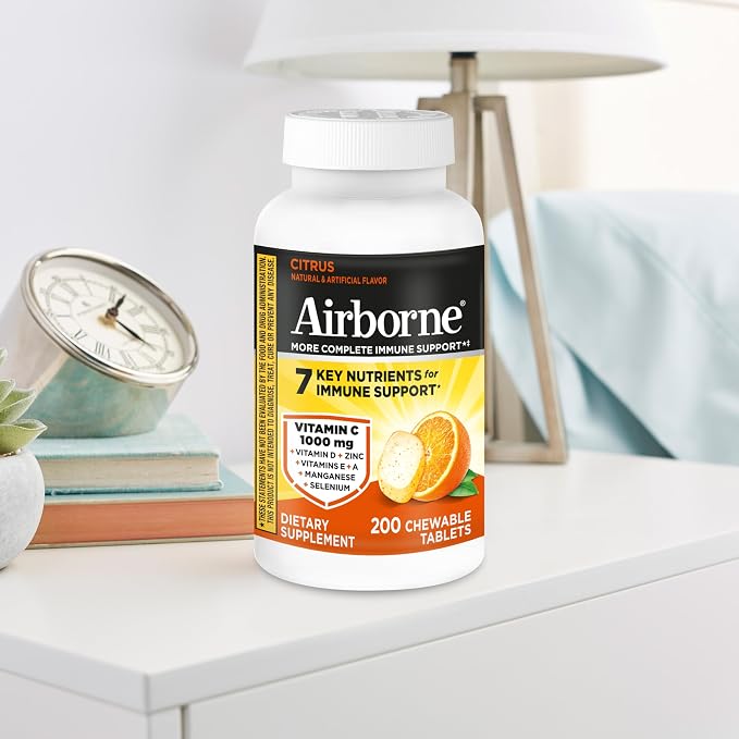 Airborne Citrus Chewable Tablets, 200ct | Immune Support Supplement with 1000mg Vitamin C + Vitamins A, D, E, Zinc,Selenium, & Manganese | Herbal Blend | Gluten Free