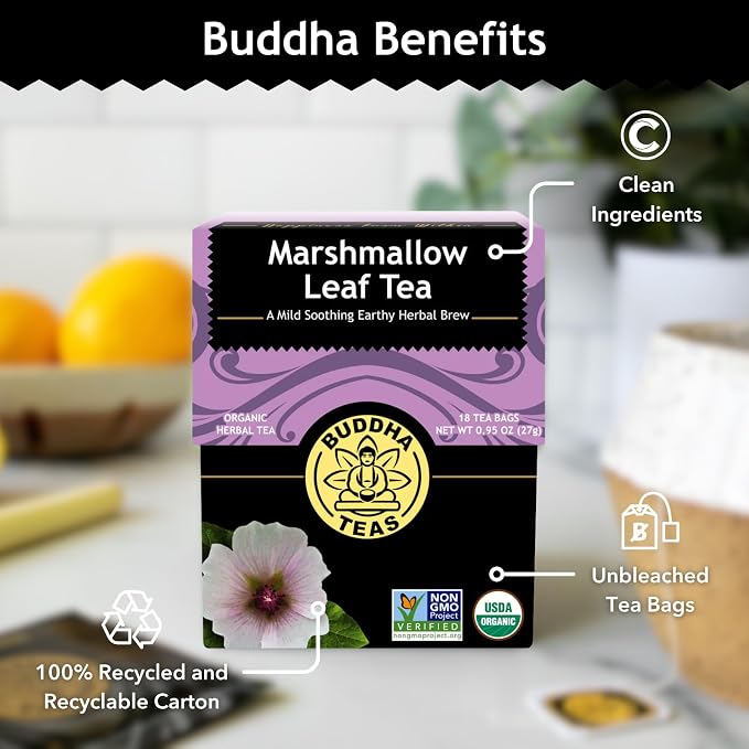 Buddha Teas - Marshmallow Leaf Tea - Herbal Tea - For Health & Wellbeing - With Flavonoids, Magnesium, Calcium & Iron - Clean Ingredients - Caffeine Free - OU Kosher - 18 Tea Bags (Pack of 1)