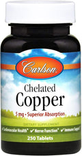 Carlson - Chelated Copper, 5 mg, Superior Absorption, Circulation Health, Nerve Function & Immune Support, 250 Tablets