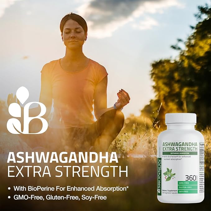 Bronson Ashwagandha Extra Strength Stress & Mood Support with BioPerine - Non GMO Formula, 250 Vegetarian Capsules
