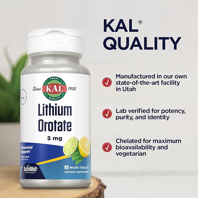 KAL Lithium Orotate ActivMelt 5mg, Chelated Lithium for Optimal Absorption and Bioavailability, Healthy Mood Support, Natural Lemon Lime Flavor, Instant Dissolve Tablets, 90 Servings, 90 Micro Tablets