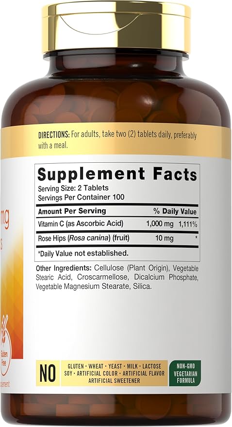 Carlyle Vitamin C 500mg | with Rose Hips | 200 Tablets | High Potency Formula | Vegetarian, Non-GMO, Gluten Free Supplement