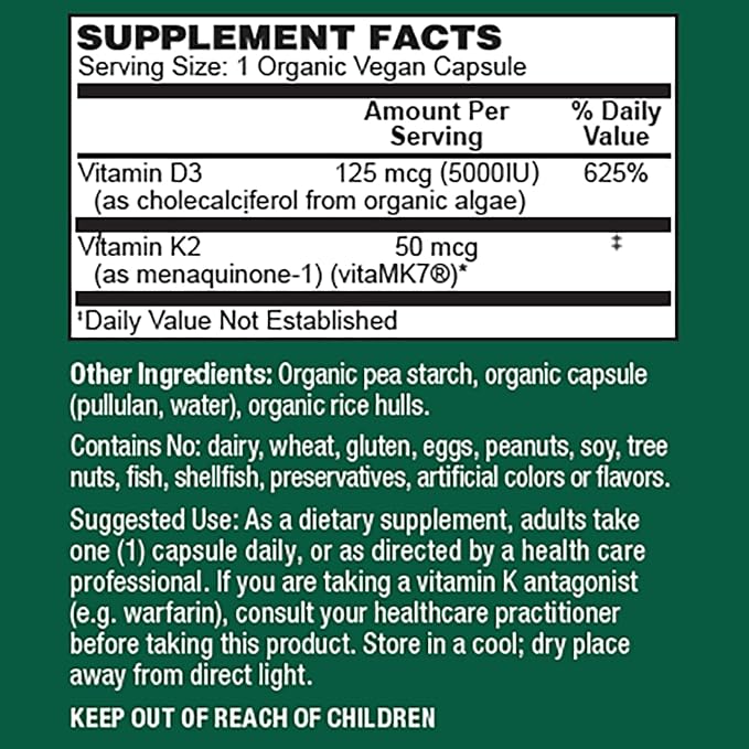 PlantFusion Organic Vegan Vitamin D3 + K2 5,000 IU, 50MCG – Vitamin D Sourced from Plant Based Lichen and Vitamin K2, for Immune Support and Bone Health - 120 Capsules