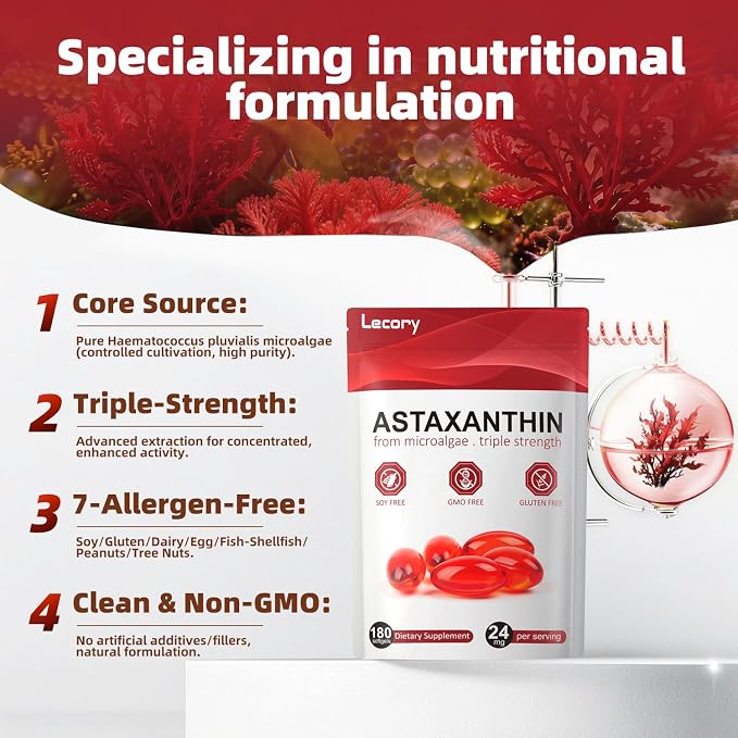 Astaxanthin 24mg, 180 Softgels | 6 Month Supply of Premium Antioxidant | Triple Strength for Eye, Immune, Skin & Circulation Support | Easy to Swallow, Non-GMO, Soy Free