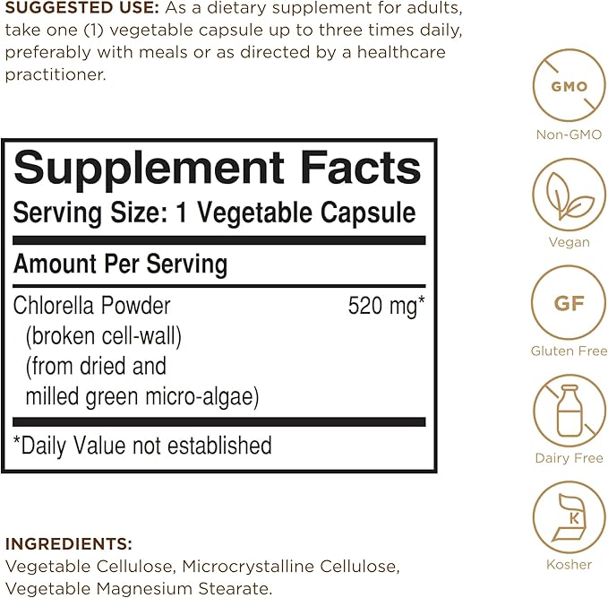 Solgar Chlorella - 100 Vegetable Capsules - Maximum Absorption - Non-GMO, Vegan, Gluten Free, Kosher - 100 Servings