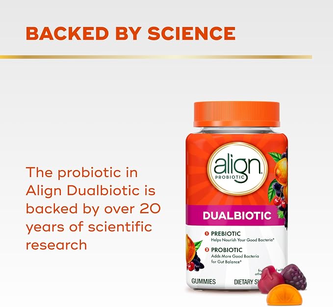 Align Dualbiotic, Prebiotics and Probiotics for Women and Men, Probiotics for Digestive Health, Prebiotics Help Nourish Good Bacteria, Natural Fruit Flavors, 60 Probiotic Gummies