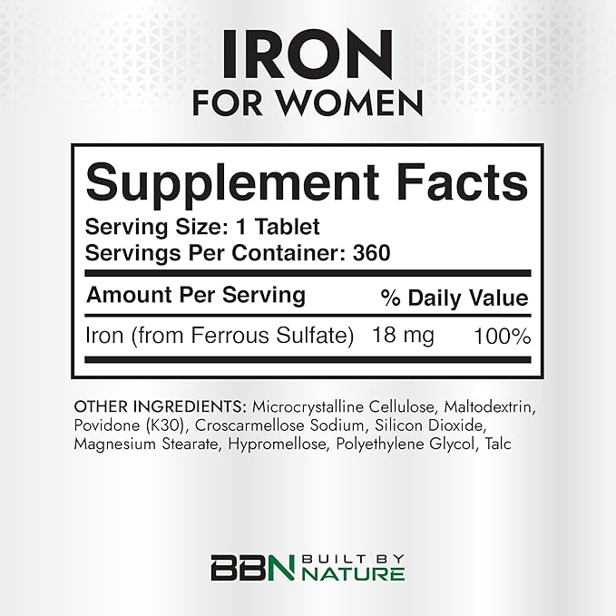 Built By Nature Iron Supplement – 100% Daily Value Iron Pills for Women – 18 mg Iron Tablets for Energy & Anemia Support – 360 Tablets