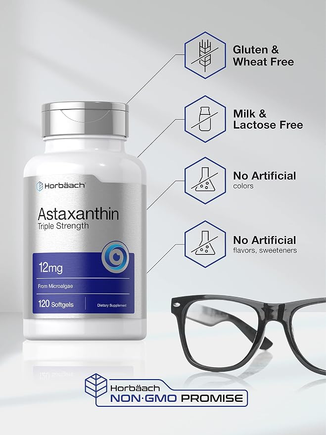 Horbäach Astaxanthin Supplement | 12mg | 120 Softgels | Triple Strength | from Microalgae | Non-GMO & Gluten Free