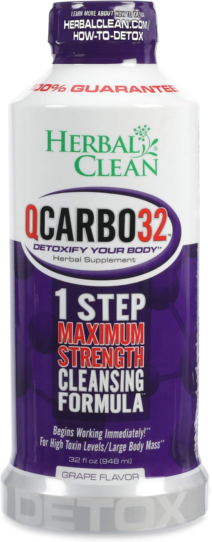 Herbal Clean Qcarbo32 Same Day Detox Cleanse Drink (32 fl oz) - Grape Flavor Full Body Cleanse* Detox Drink for Moderate Toxin Level*, Vitamin B2 and Vitamin B12 for Men & Women
