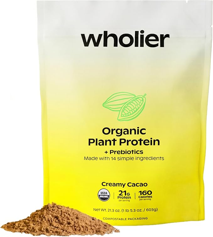 wholier Organic Plant Protein + Prebiotics. Clean Vegan Protein. 21g of Protein. 14 Real Plant Ingredients. Prebiotic Fiber. No Natural Flavors, Gums or Fillers. Creamy Cacao (1 lb. 4 oz.)