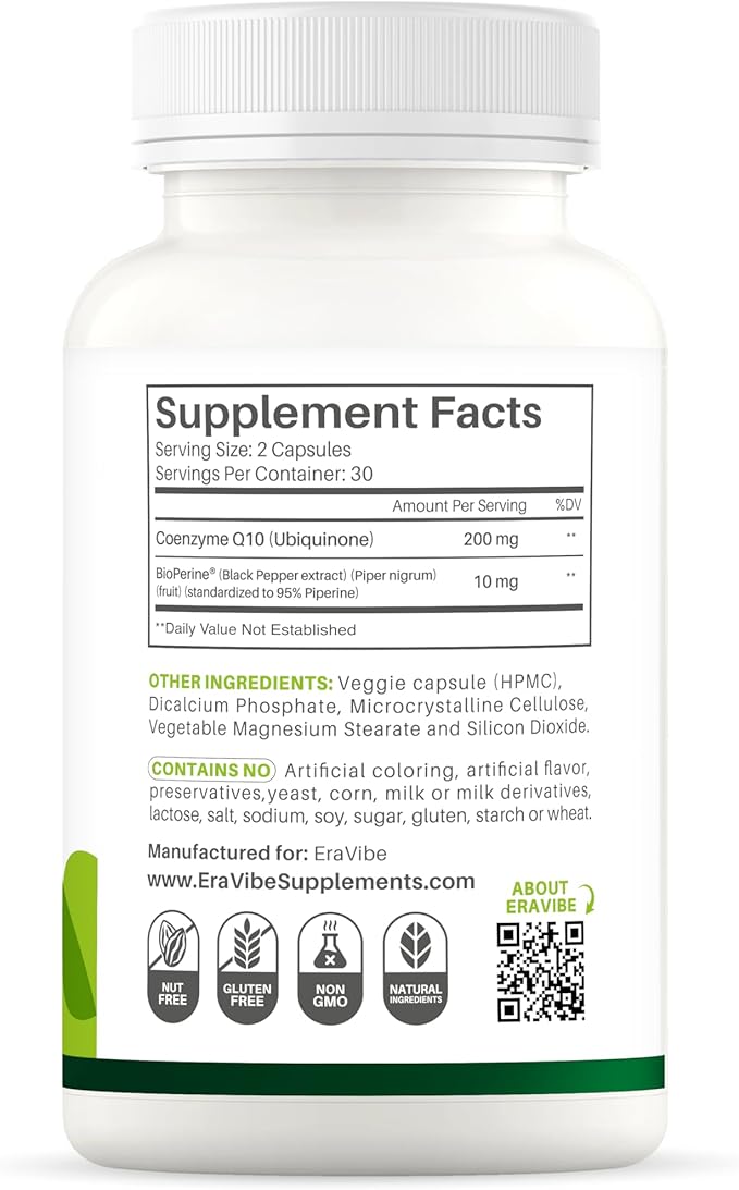 Pure CoQ10 Energy Support High Absorption with Bioperine, 200 mg per Serving, 60 Veggie Capsules, Gluten-Free, Non-GMO