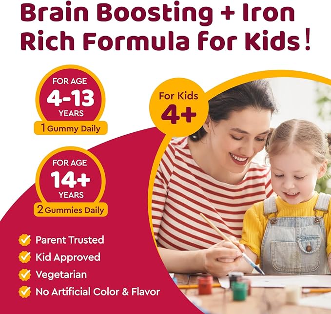 Iron Supplement Gummies for Kids, Kids Multivitamin with Iron Gummies - Zinc, Vitamin B Complex, A, C, D3, B12, Folate for Blood Builder & Energy Support, Iron Deficiency, Vegan Cherry 60ct