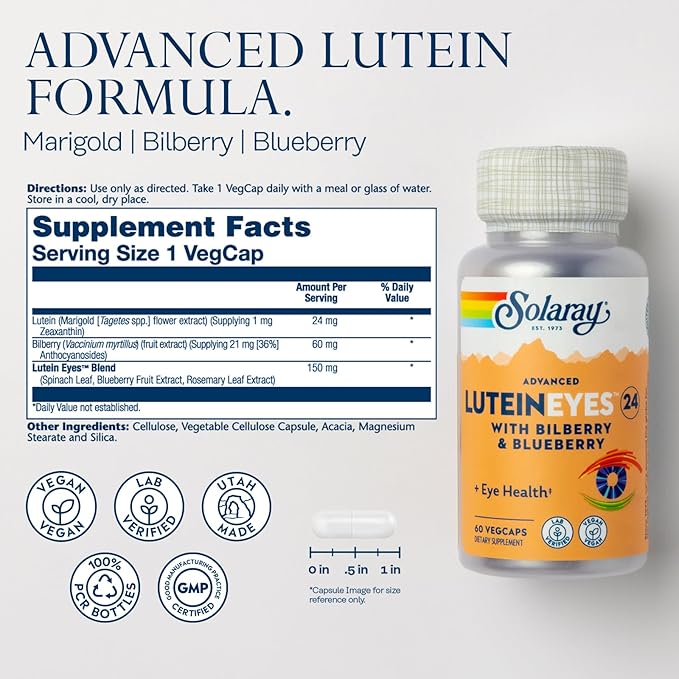 SOLARAY Advanced Lutein Eyes 24 mg - Lutein and Zeaxanthin Supplements - Eye Health Support with Blueberry and Bilberry Extract - Vegan, 60-Day Guarantee, Lab Verified - 60 Servings, 60 VegCaps