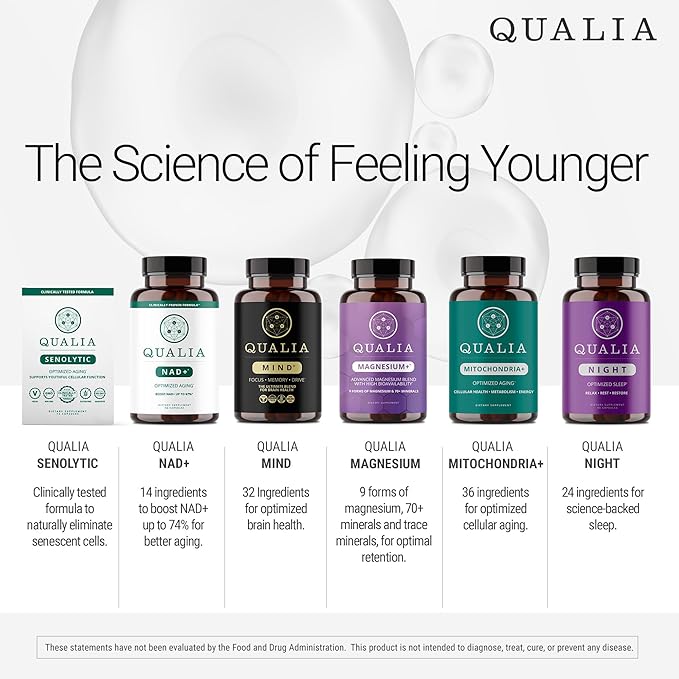 Qualia NAD Supplement — Clinically Proven to Boost NAD+ up to 67%. Optimized Aging, Energy, Focus. Elite Ingredients: Nicotinamide Riboside (NIAGEN,) Niacin, Niacinamide (3 Month Supply)