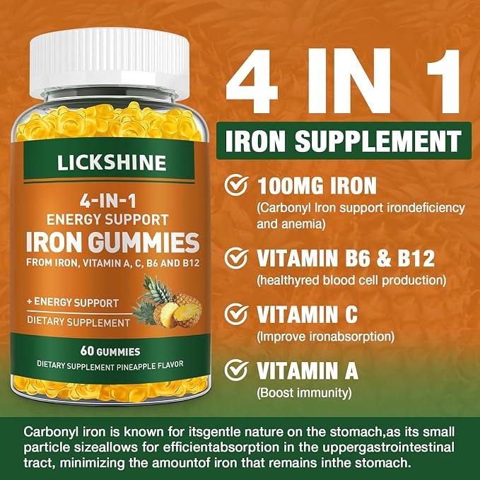 lickshine 2 Pack Vegan 100MG Iron Supplement Gummies for Women & Men - with Vitamin C, A, B for Adults & Kids - Energy Support for Iron Deficiency, Anemia - Pineapple Flavor (120 Ct)