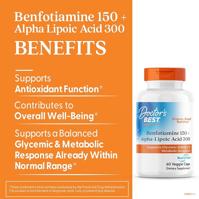 Doctor's Best Benfotiamine + Alpha Lipoic Acid (ALA) Nutritional Supplement - Support for Glycemic Balance & Metabolic Response, Benfotiamine 150 mg & Alpha-Lipoic Acid 300 mg Capsules - 60 Veg Caps