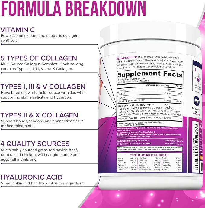 Multi Collagen Peptides Powder for Women - Hydrolyzed Flavored Collagen Powder for Women with Types I II III V & X Vitamin C & Hyaluronic Acid for Hair Skin and Nails (Strawberry) - 30 Servings
