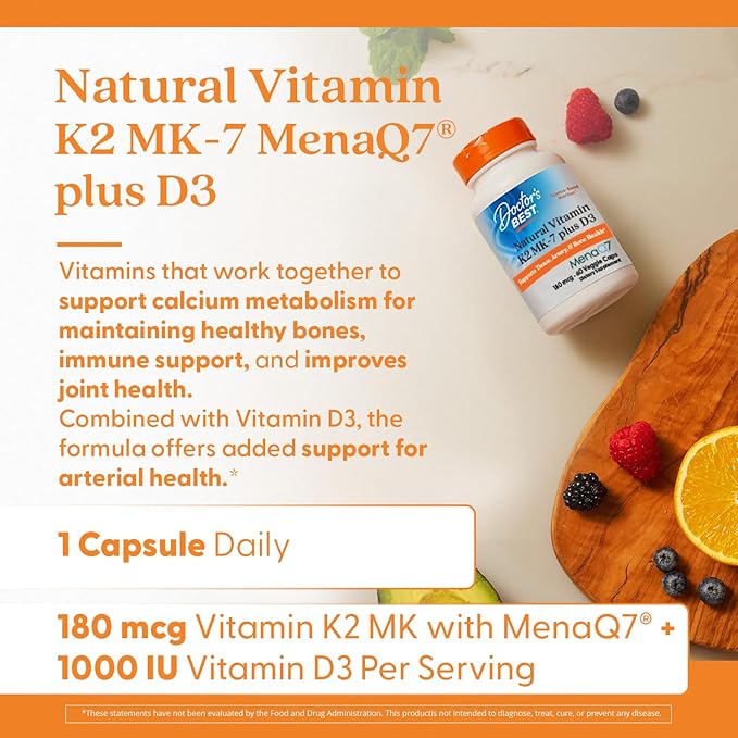 Doctor's Best Natural Vitamin K2 MK-7 Plus D3 - VIT D3 and K2 MK7 Supplement for Men & Women, Supports Tissue, Artery, & Bone Health, Non-GMO, Gluten Free, Soy Free, Vegetarian - 60 Veg Caps