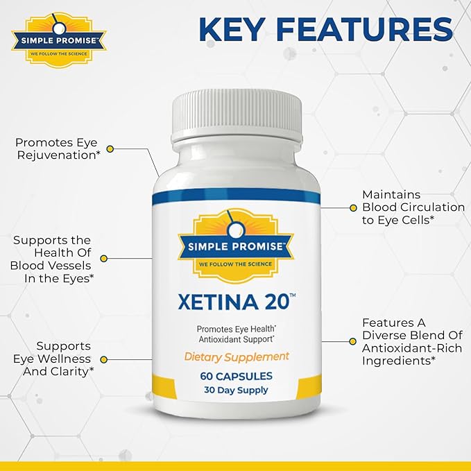 Simple Promise - Xetina 20™ Lutein and Zeaxanthin Supplements - Essential Support for Eye Health with Vitamins E, Eyebright, Zinc, Grape Seed Extract, Rutin & Bilberry - 60 Capsules