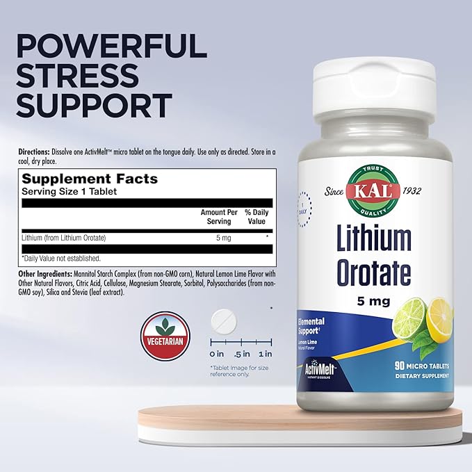 KAL Lithium Orotate ActivMelt 5mg, Chelated Lithium for Optimal Absorption and Bioavailability, Healthy Mood Support, Natural Lemon Lime Flavor, Instant Dissolve Tablets, 90 Servings, 90 Micro Tablets