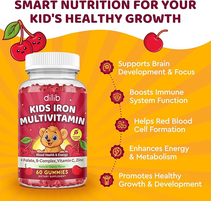 Iron Supplement Gummies for Kids, Kids Multivitamin with Iron Gummies - Zinc, Vitamin B Complex, A, C, D3, B12, Folate for Blood Builder & Energy Support, Iron Deficiency, Vegan Cherry 60ct