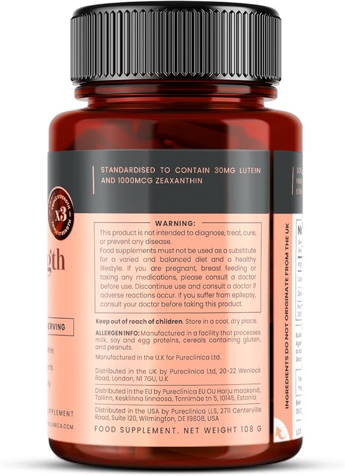 pureclinica Lutein 30mg with Zeaxanthin 1000mcg – Triple Strength Supplement, 90 Tablets (3-Month Supply)