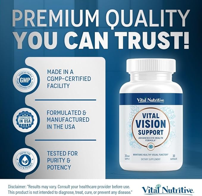 Vital Vision Support – Eye Health Supplement with Vitamin A, Lutein, Beta Carotene & Antioxidants – Eye Vitamins Support Hydration & Oxidative Stress -30 Days Serving