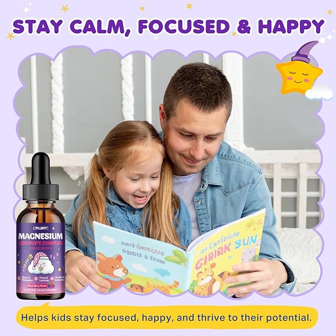 Magnesium Glycinate Liquid for Kids - Magnesium Bisglycinate Drops with L-Theanine, Chamomile & Vitamin B6, B12, C, D3 for Sleep, Relaxation, Immune Support, Calm & Focus - 2 Fl Oz, Mixed Berry Flavor