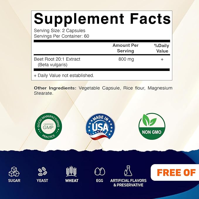Vitamatic Beet Root 20:1 Extract Capsules 800 mg Per Serving (Beta vulgaris) – Nitric Oxide Support Supplement – Non-GMO, Gluten Free – 120 Veggie Capsules – Made in USA