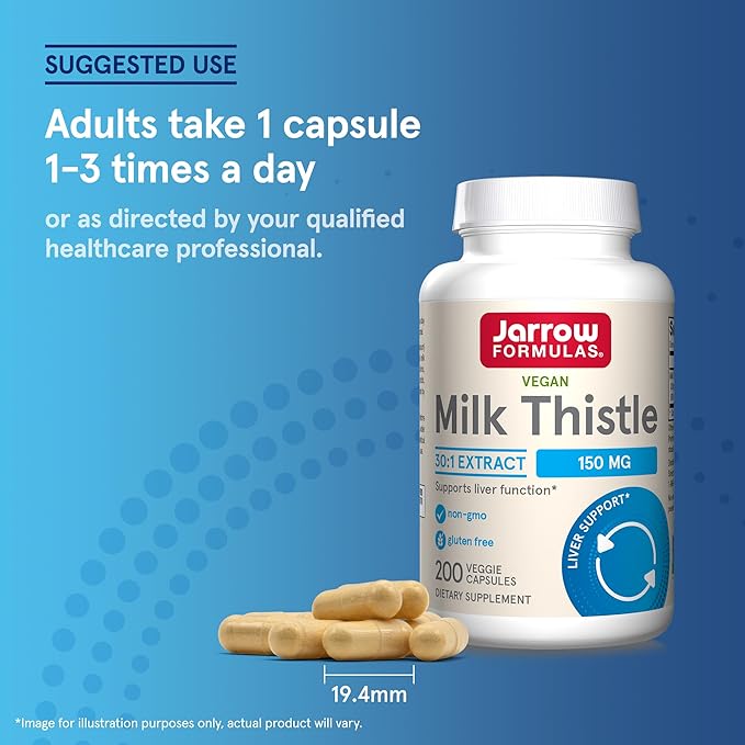 Jarrow Formulas Milk Thistle Supplement 150 mg. 30:1 Milk Thistle Extract Standardized to 80% Total Flavonoids, Dietary Supplement for Liver Function Support, 200 Veggie Capsules, Up to 200 Day Supply