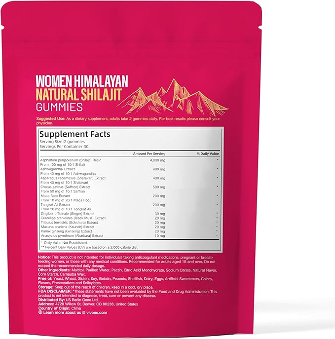 VivoNu Himalayan* Shilajit* Gummies with Ashwagandha* & Gokshura | 85+ Trace Minerals & Fulvic Acid | Organic, Micronutrient Supplement for Men & Women (Women 4000mg / 1 Bag)