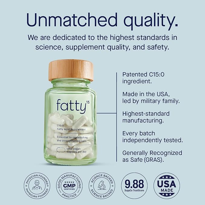 Fatty15 C15:0 Pentadecanoic Acid Supplement The Longevity Nutrient - 90 Vegan Capsules - 3X Cellular Benefits of Fish Oil EPA Omega 3 Supplements - Liver Support & Mitochondrial Health