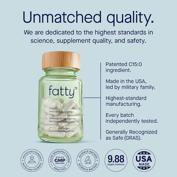 Fatty15 C15:0 Pentadecanoic Acid Supplement The Longevity Nutrient - 180 Vegan Capsules - 3X Cellular Benefits of Fish Oil EPA Omega 3 Supplements - Liver Support & Mitochondrial Health